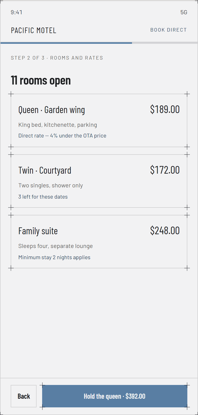 Direct booking, step 2 — rooms and rates, priced under the OTA channels.