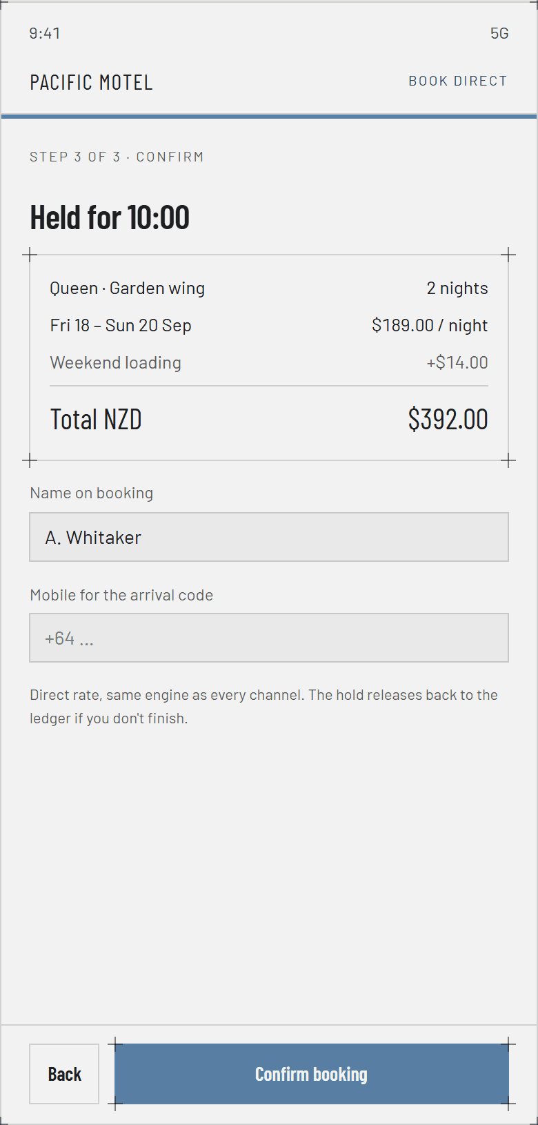 Direct booking, step 3 — a 10-minute hold that releases back to the ledger if abandoned.