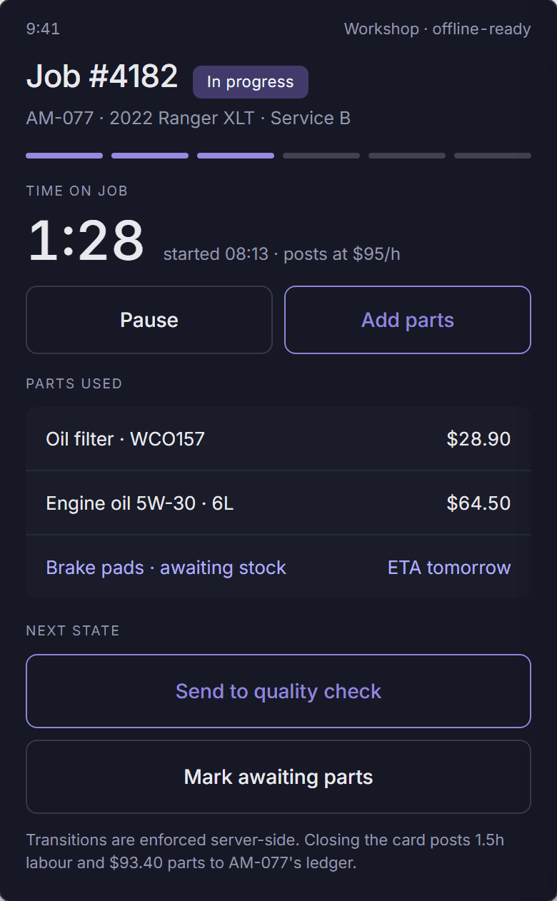 Workshop app — the paper job card, replaced. One-handed, offline-ready, posts straight to the ledger.