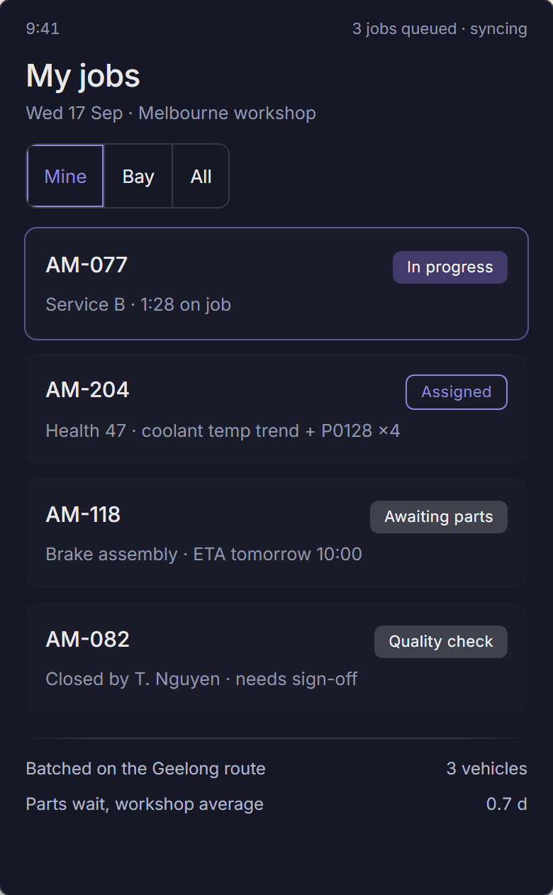 Workshop app — the technician's queue, syncing from the edge when the workshop is offline.
