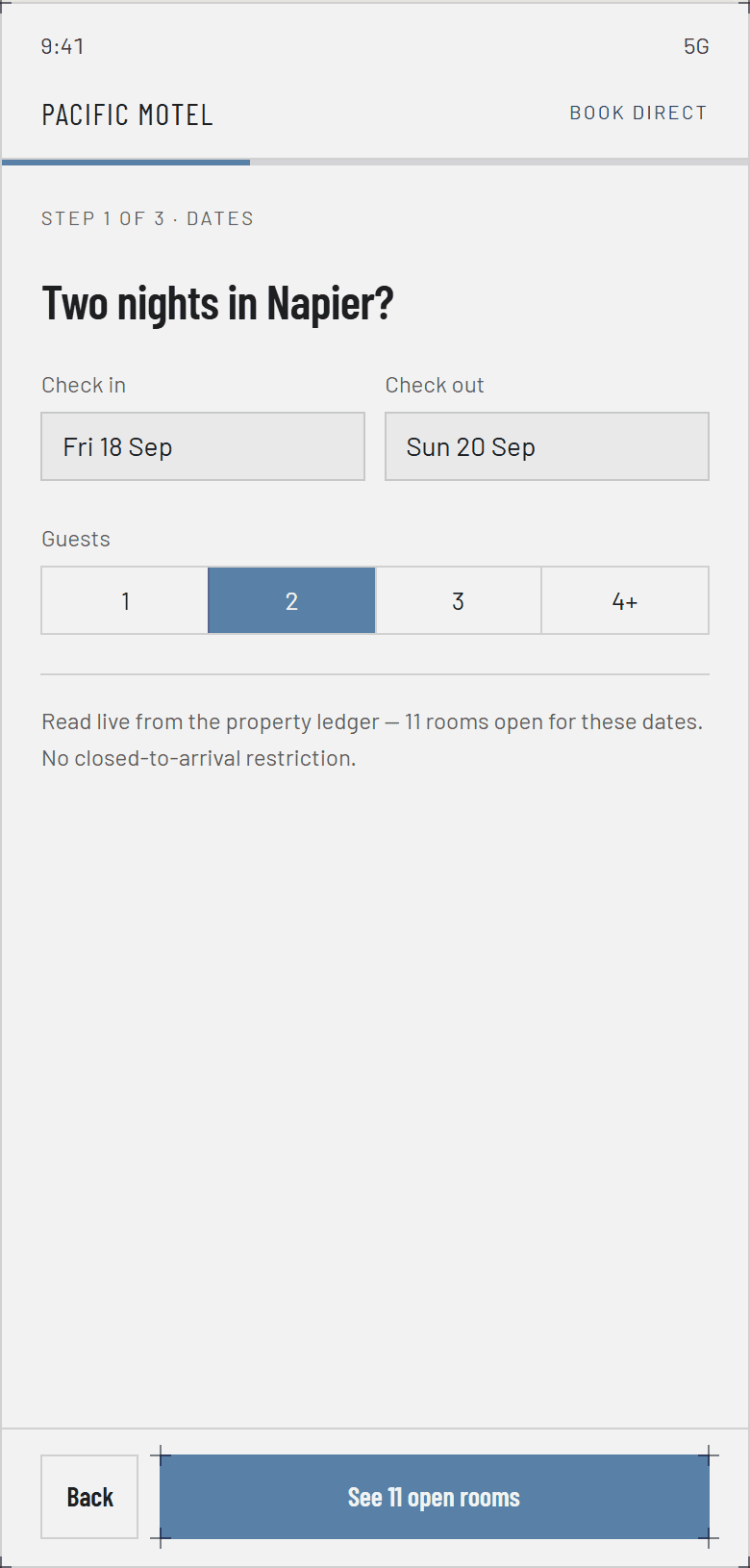 Direct booking, step 1 — dates and guests, read live from the property ledger.